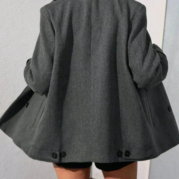 Dark Grey Casual Women's Oversized Turndown Collar Herringbone Mid-Length Jacket - Picture 4 of 6